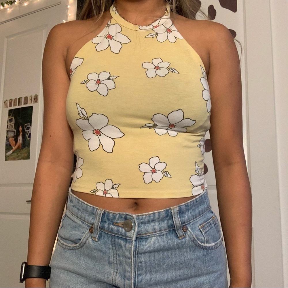 Yellow Floral Printed Halter Top
